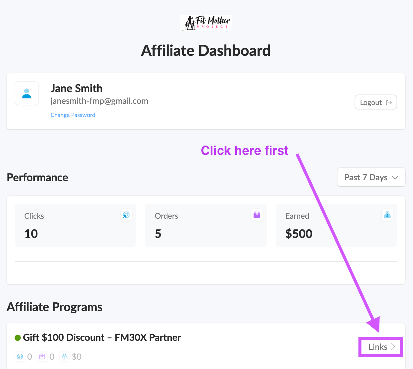 Affiliate dashboard — click Links next to your program